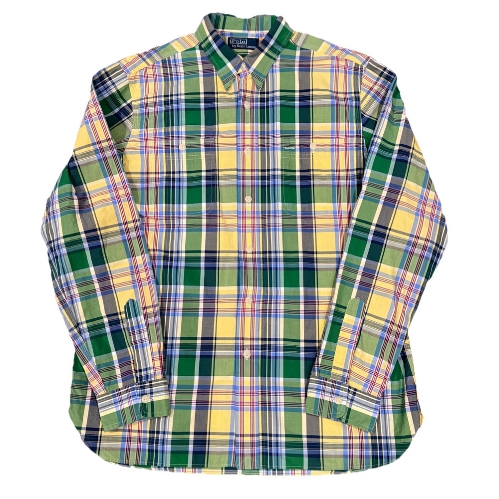 Polo Ralph Lauren Shirt‎ Mens Large Green Plaid Loop Collar Country Work Pockets